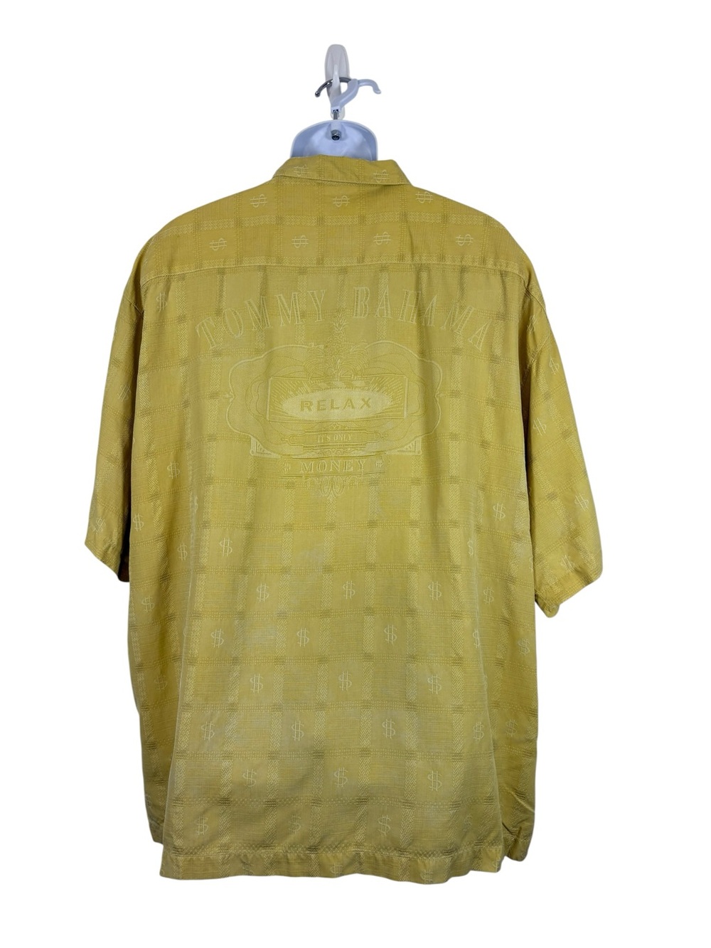 Tommy Bahama Relax It’s Only Money Silk Camp Shirt Men’s XXL Yellow Embroidered
